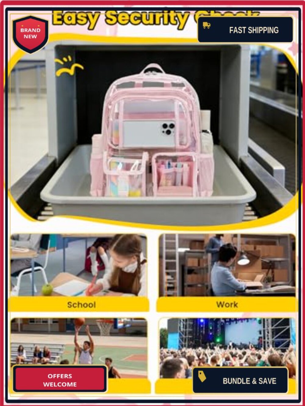 Clear PVC Backpack with 9 Pockets, Water Resistant, for School & Travel - Picture 5 of 5